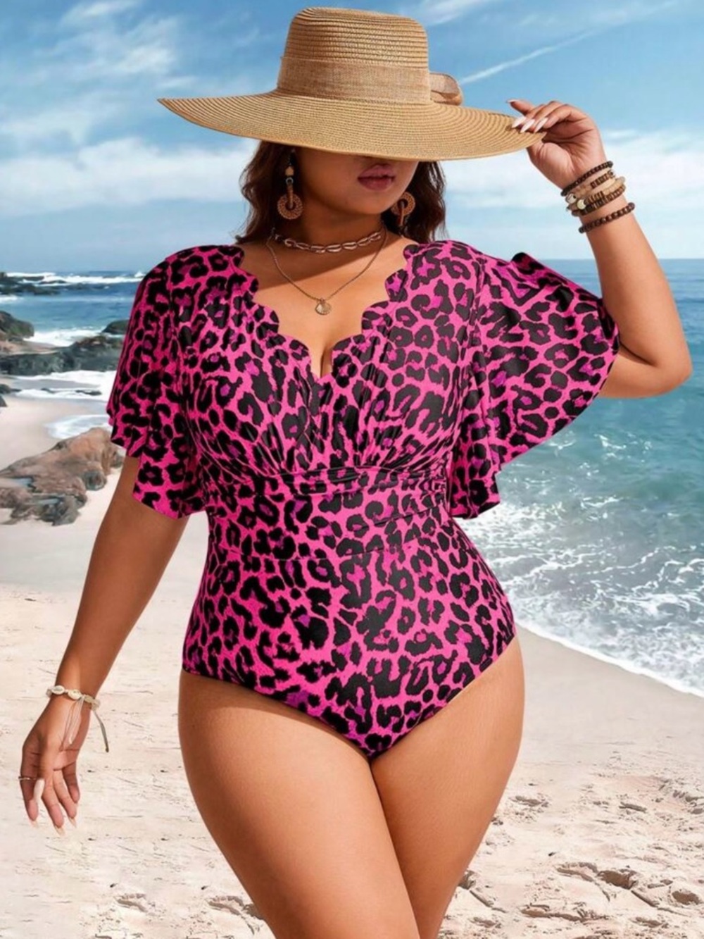 SHEIN Pink and Black Leopard One-Piece Swimsuit